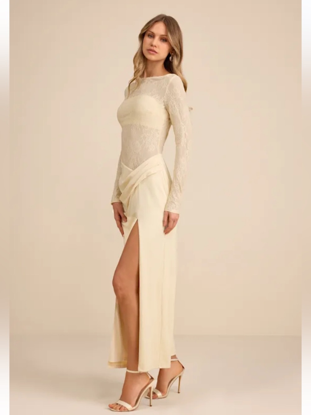 NWT Lulus Nadina Pale Yellow Lace Long Sleeve Maxi Dress - Picture 4 of 16